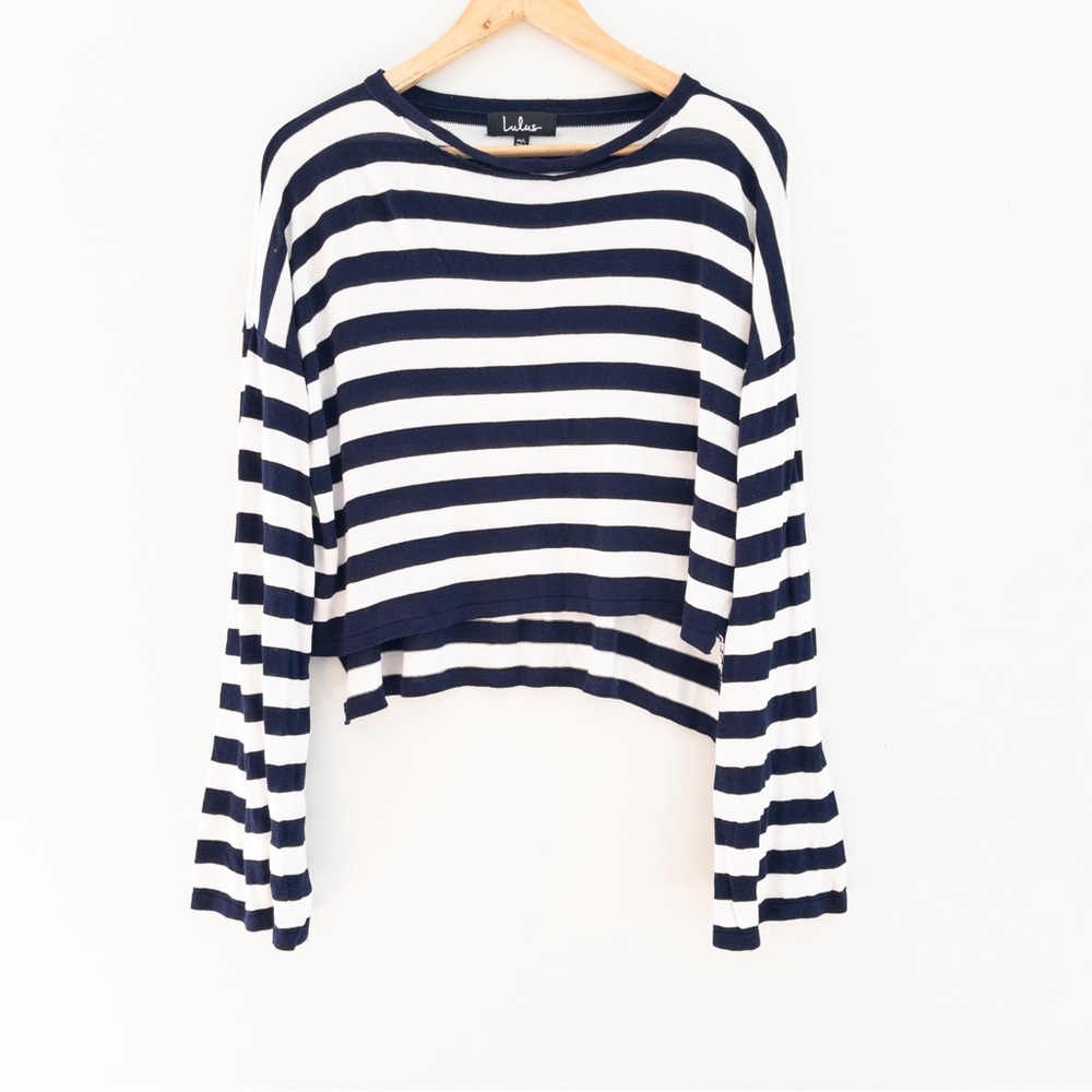 Lulu's Navy White Split Neck Flare Sleeve Stripe Crop Sweater Capsule Minimalist